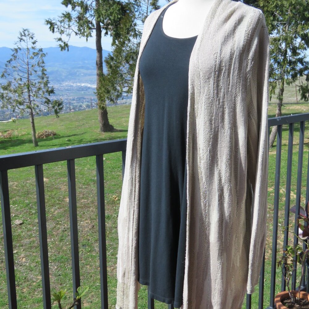 Chicos Women Size large/2 Longline Beige Gold Cardigan open Front Sweater